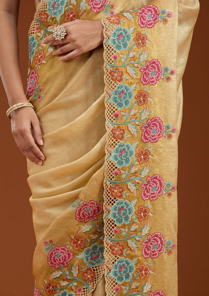 Mustard Threadwork Tissue Saree_koskii