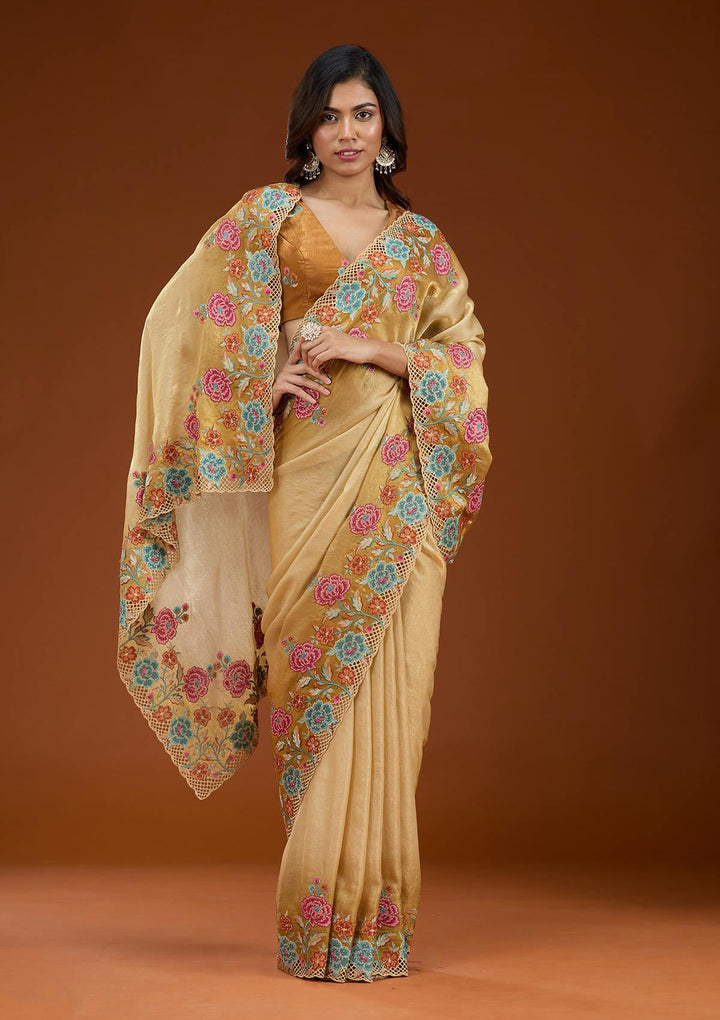 Mustard Threadwork Tissue Saree_koskii