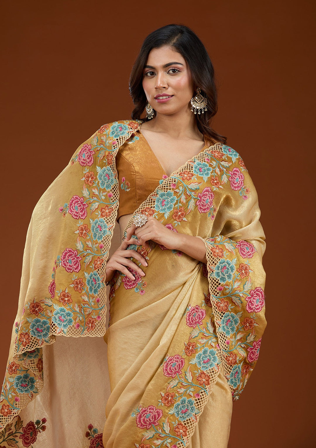 Mustard Threadwork Tissue Saree_koskii