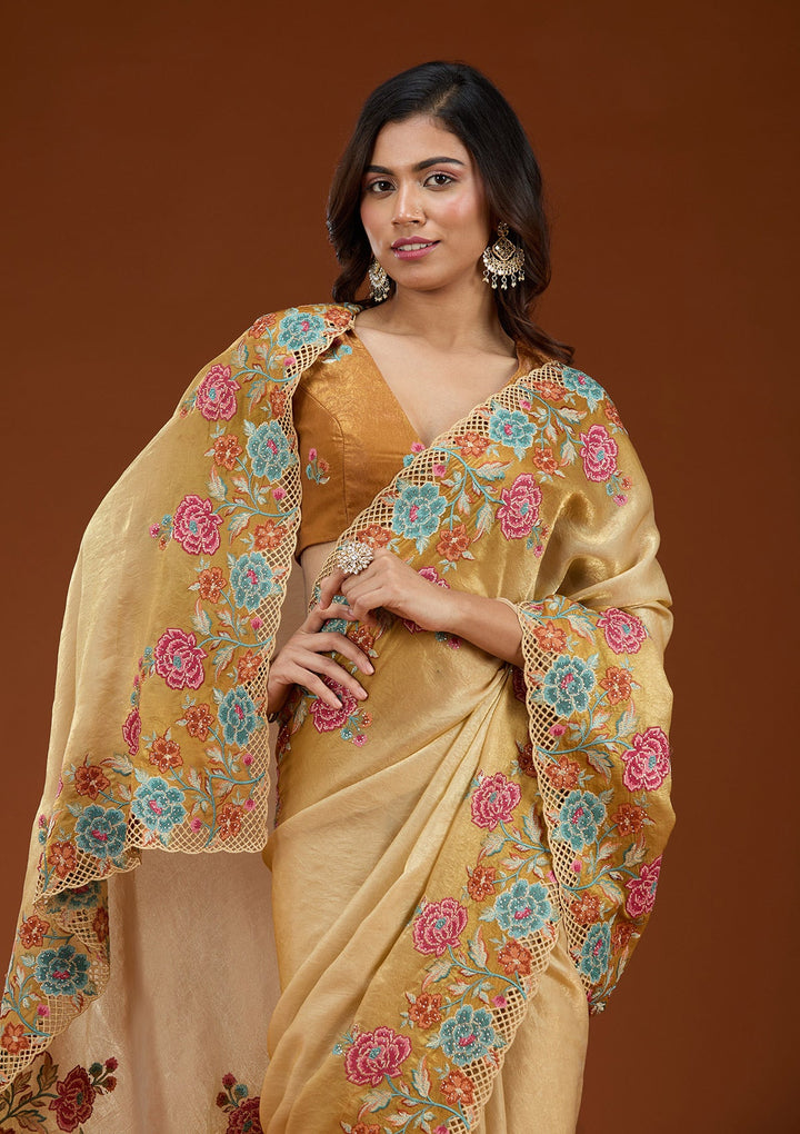 Mustard Threadwork Tissue Saree_koskii