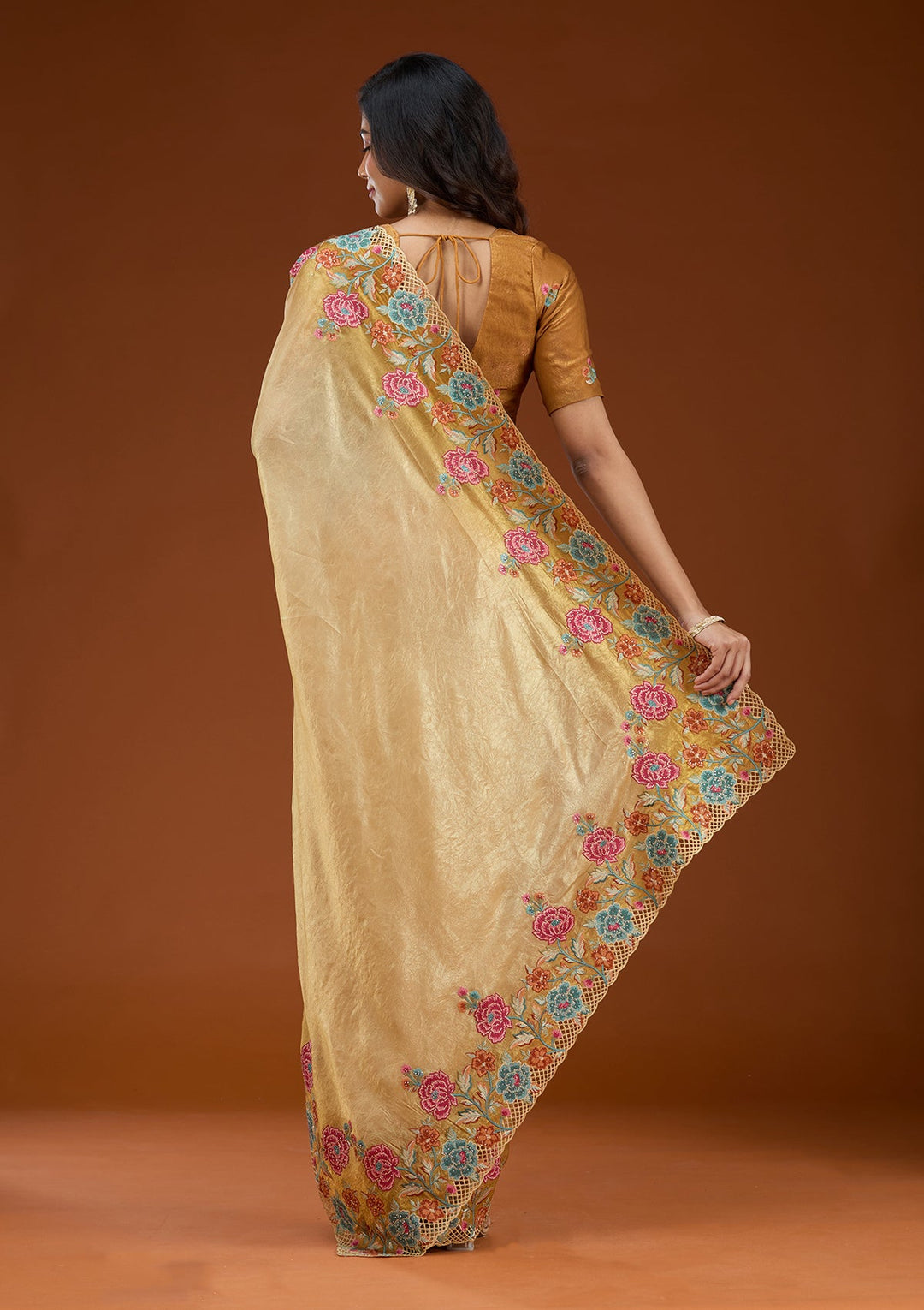 Mustard Threadwork Tissue Saree_koskii
