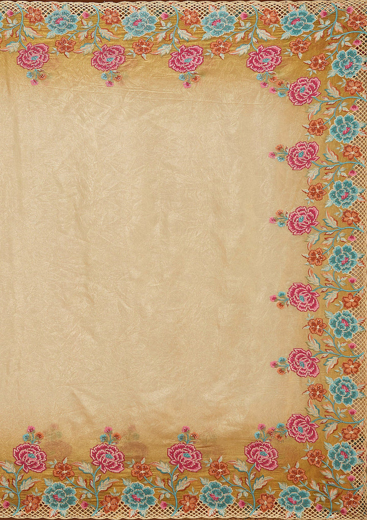 Mustard Threadwork Tissue Saree_koskii