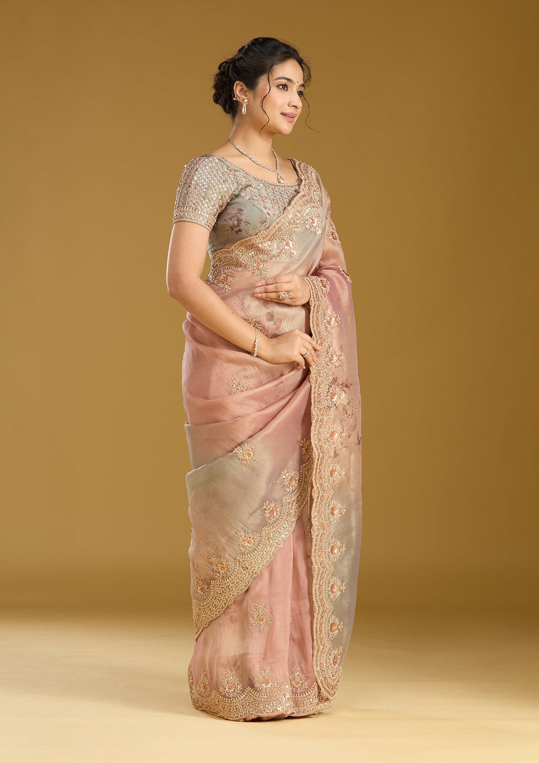 Rust Sequins Organza Saree