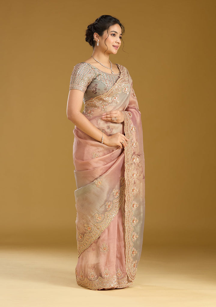 Rust Sequins Organza Saree