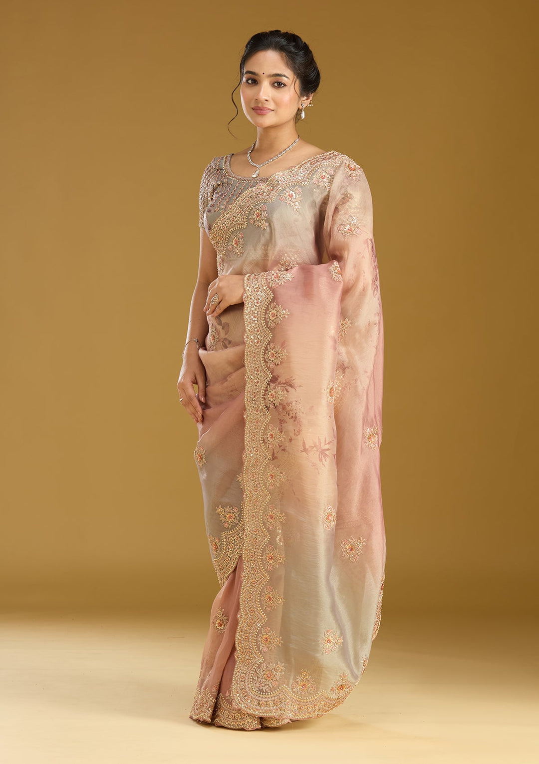 Rust Sequins Organza Saree