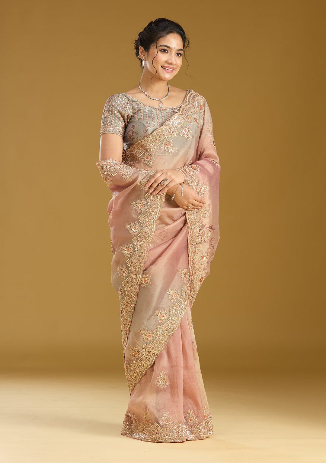 Rust Sequins Organza Saree