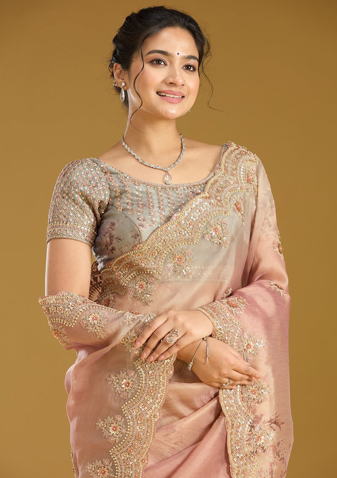 Rust Sequins Organza Saree