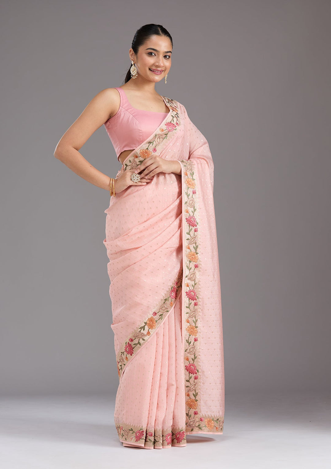 Baby Pink Threadwork Tissue Saree_koskii