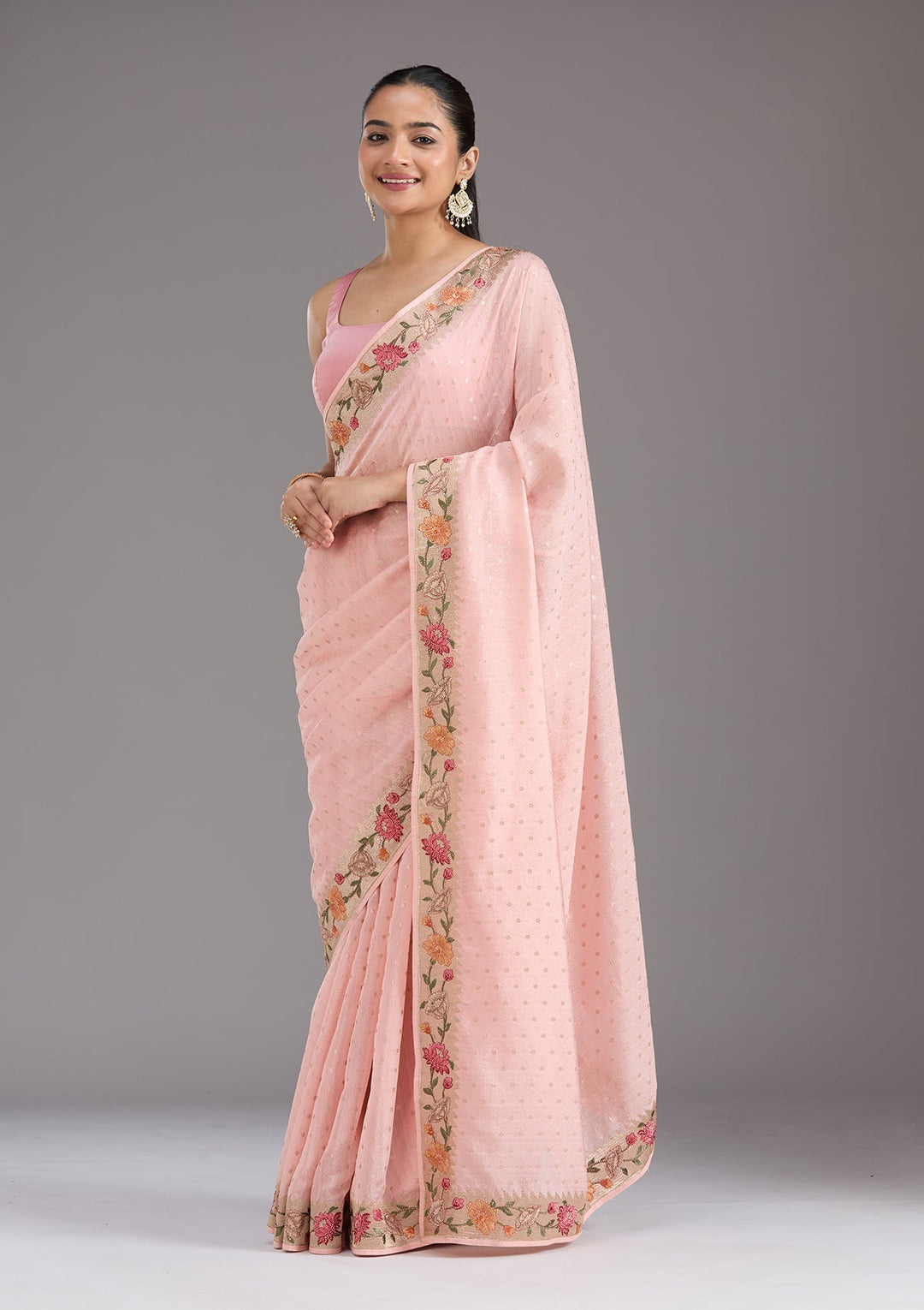 Baby Pink Threadwork Tissue Saree_koskii
