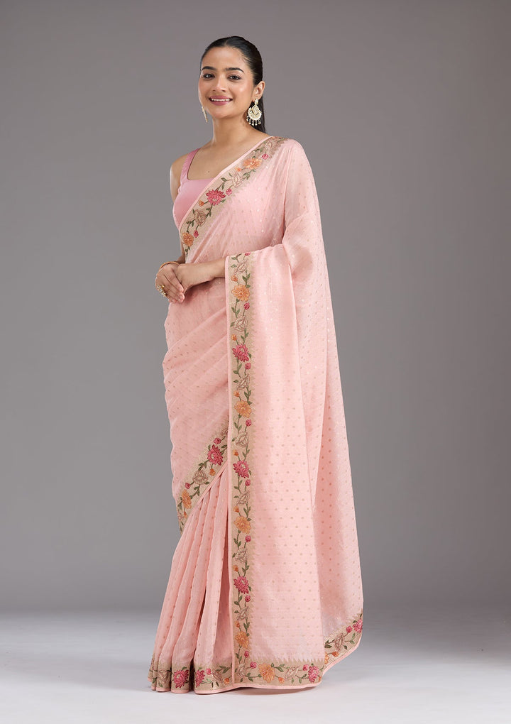 Baby Pink Threadwork Tissue Saree_koskii