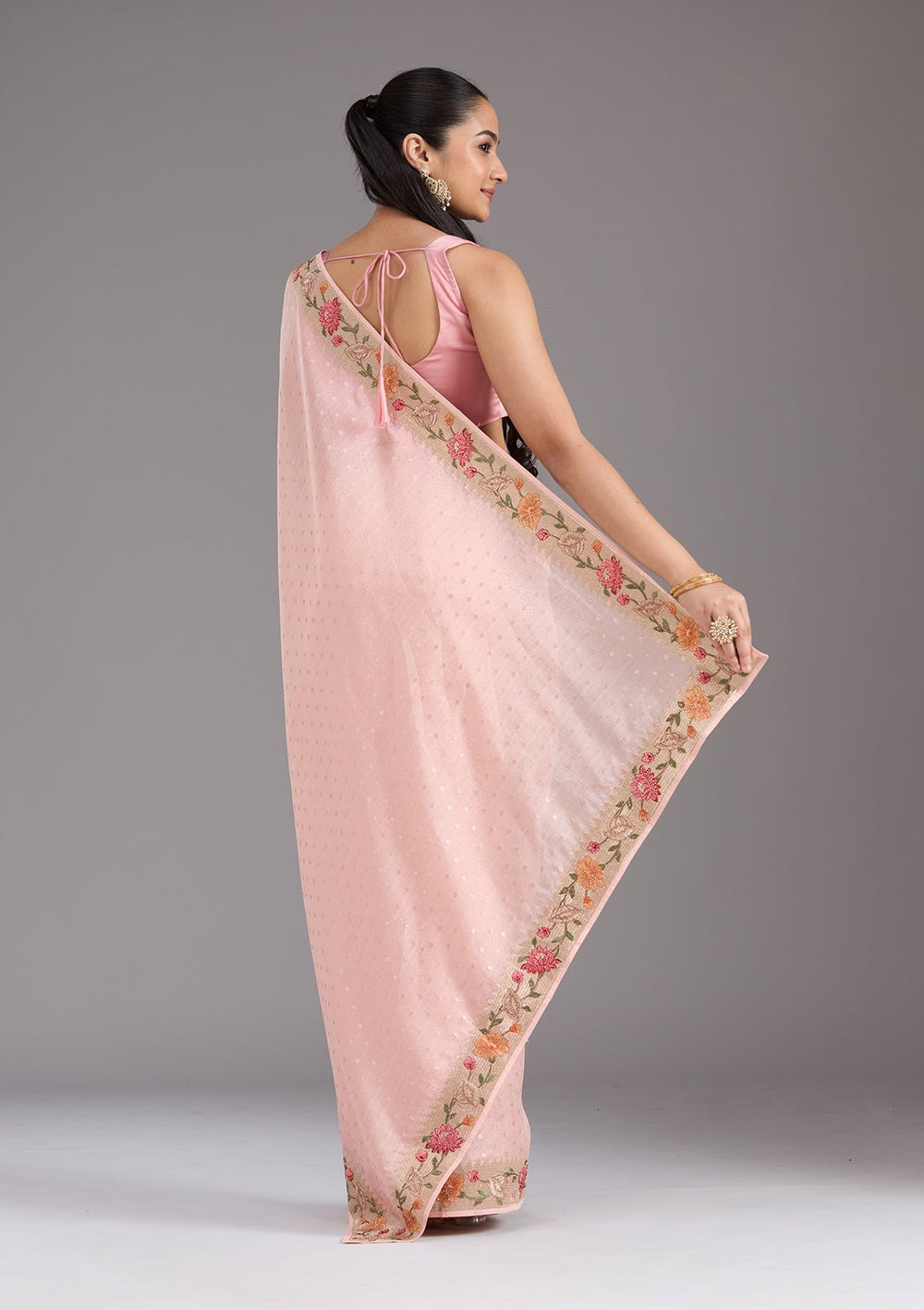 Baby Pink Threadwork Tissue Saree_koskii