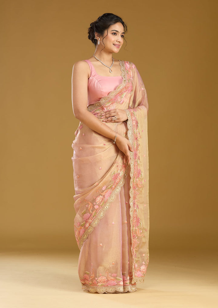 Onion Pink Threadwork Tissue Saree