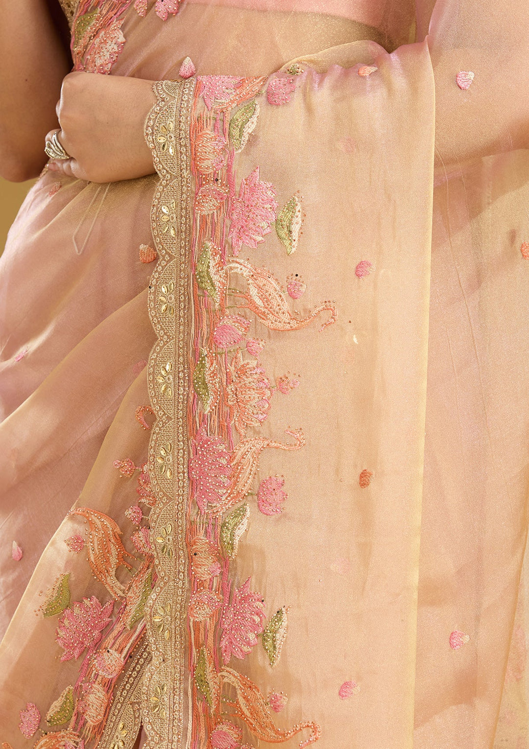 Onion Pink Threadwork Tissue Saree