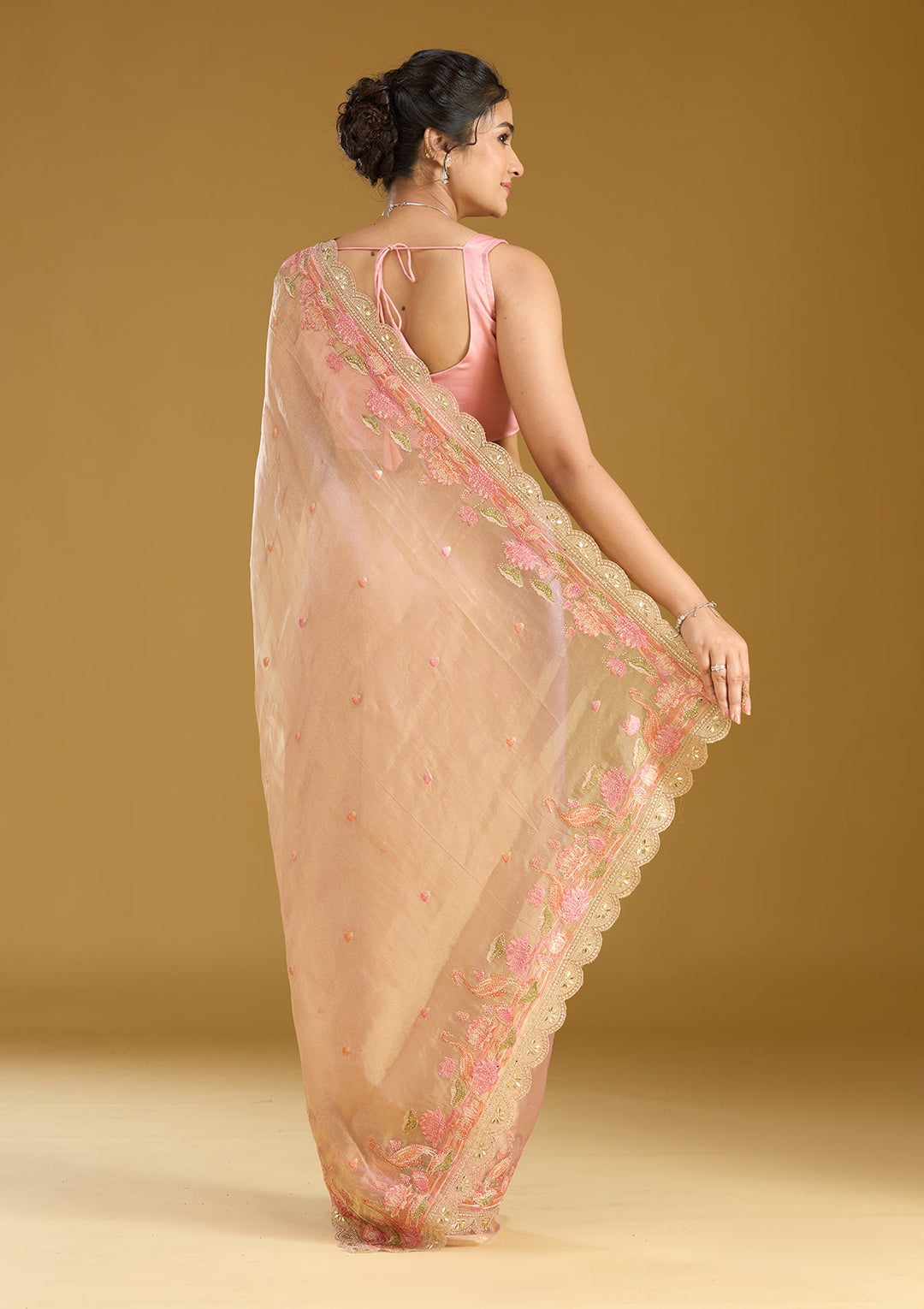 Onion Pink Threadwork Tissue Saree
