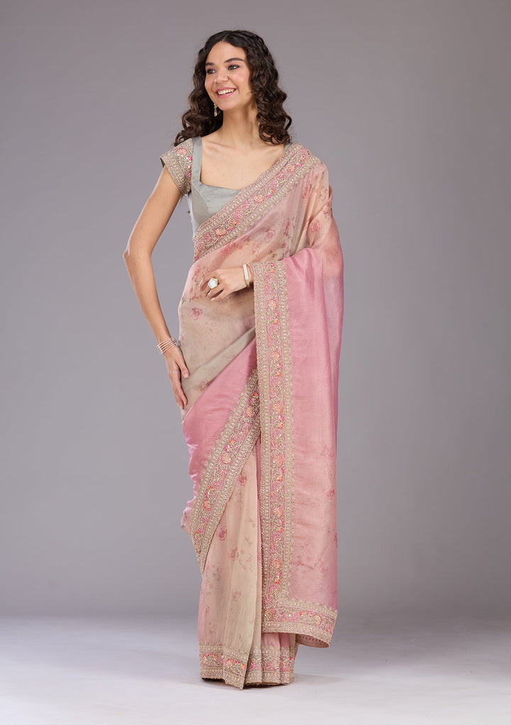 Baby Pink Sequins Organza Saree