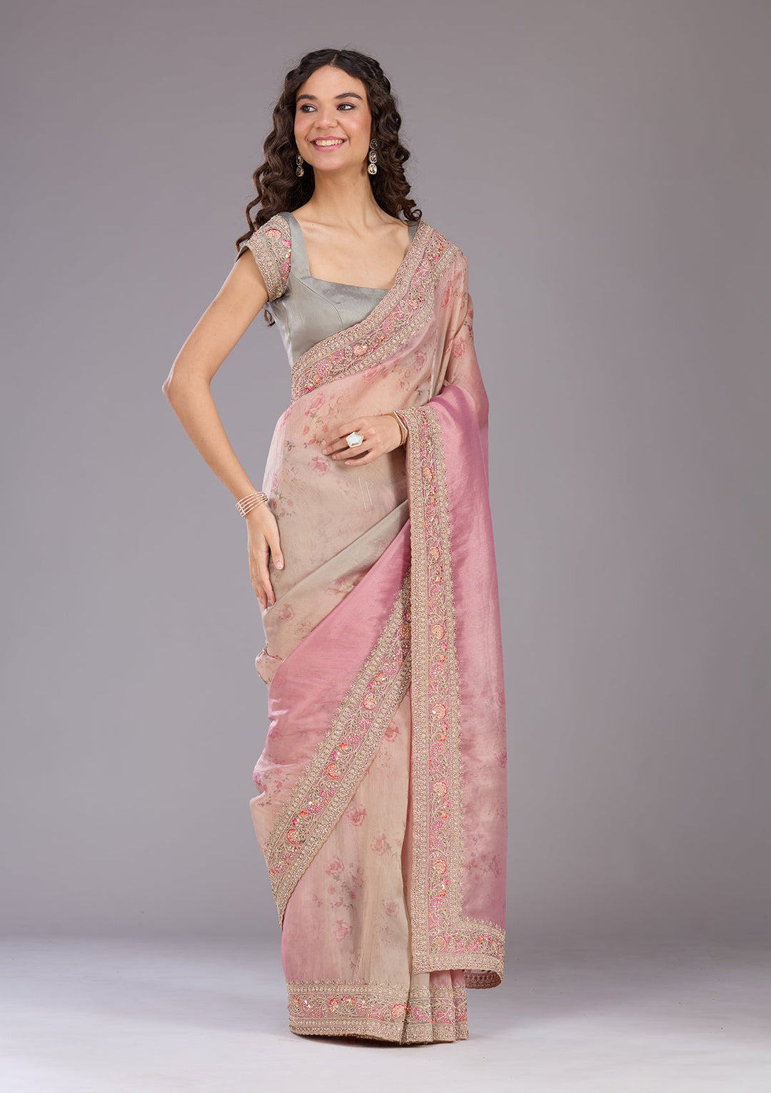 Baby Pink Sequins Organza Saree