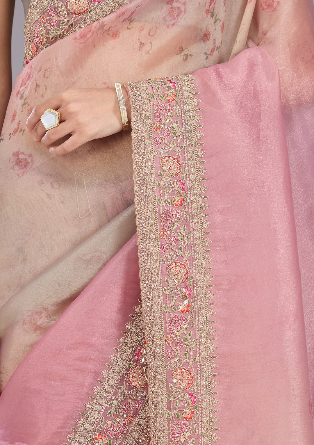 Baby Pink Sequins Organza Saree