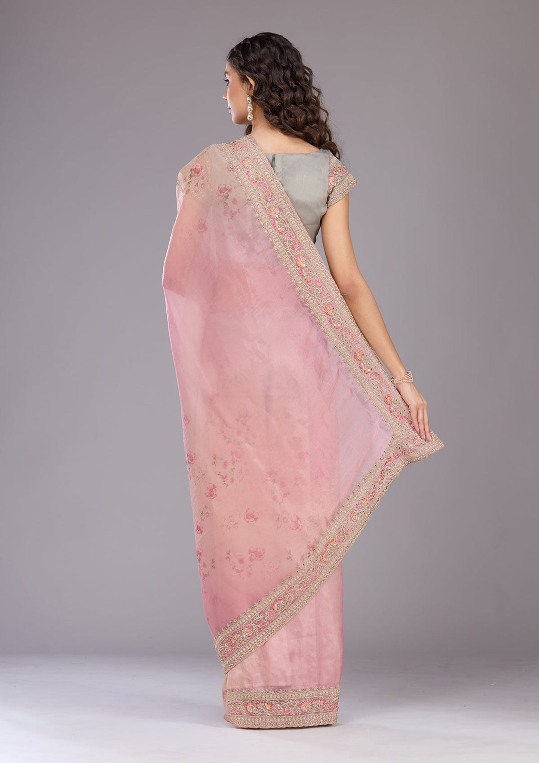Baby Pink Sequins Organza Saree