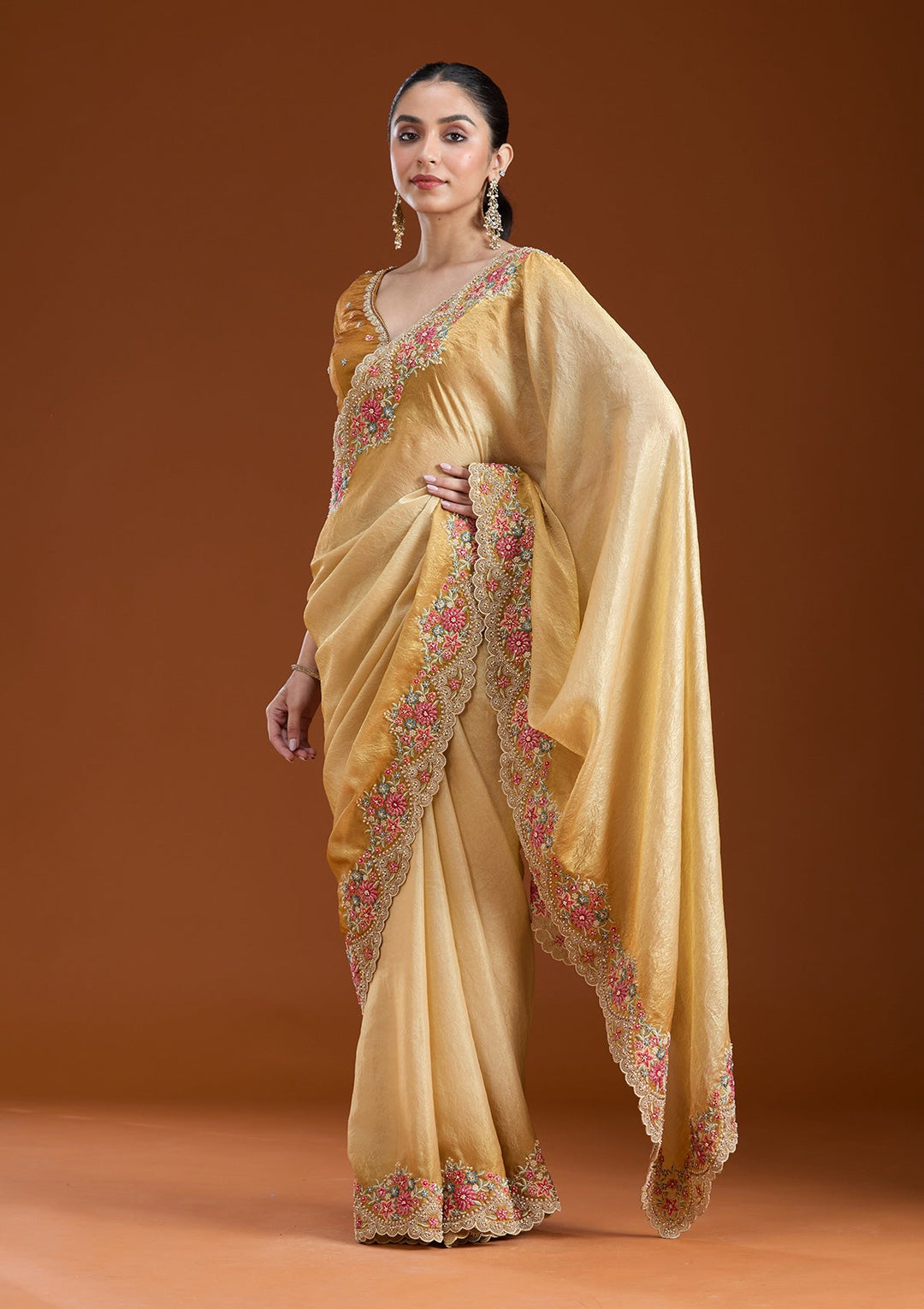 Mustard Threadwork Tissue Saree-koskii