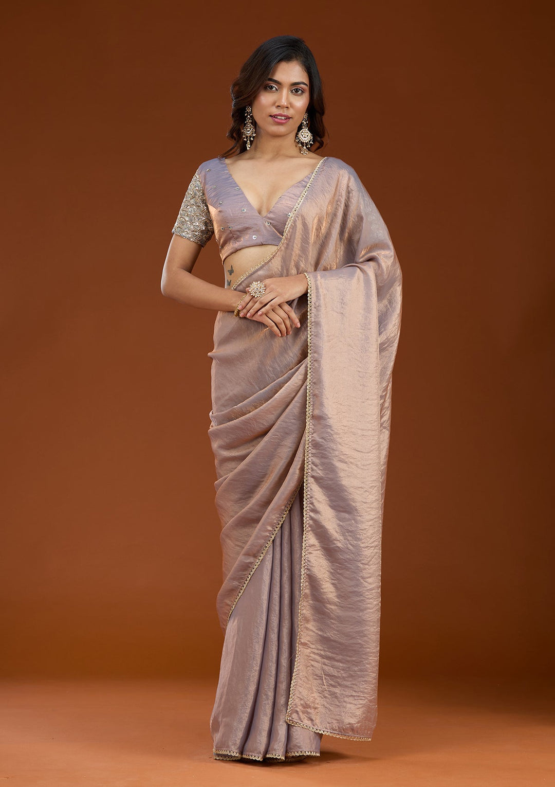 Grey Sequins Organza Saree_koskii