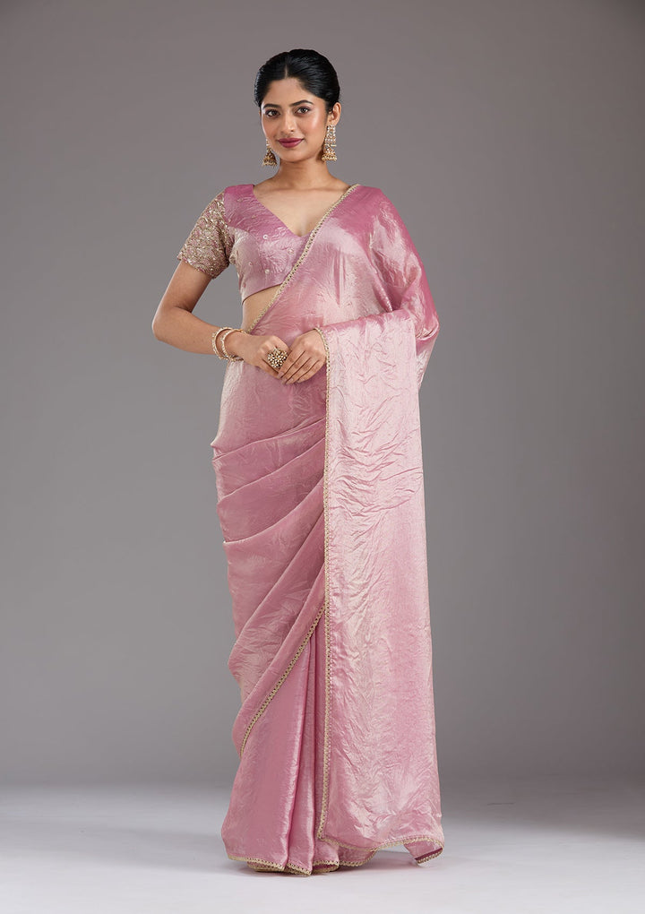 Onion Pink Sequins Organza Saree_koskii