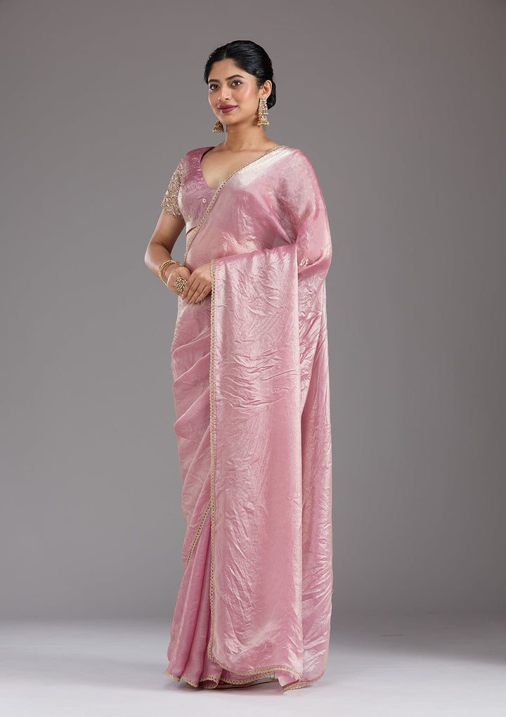 Onion Pink Sequins Organza Saree_koskii