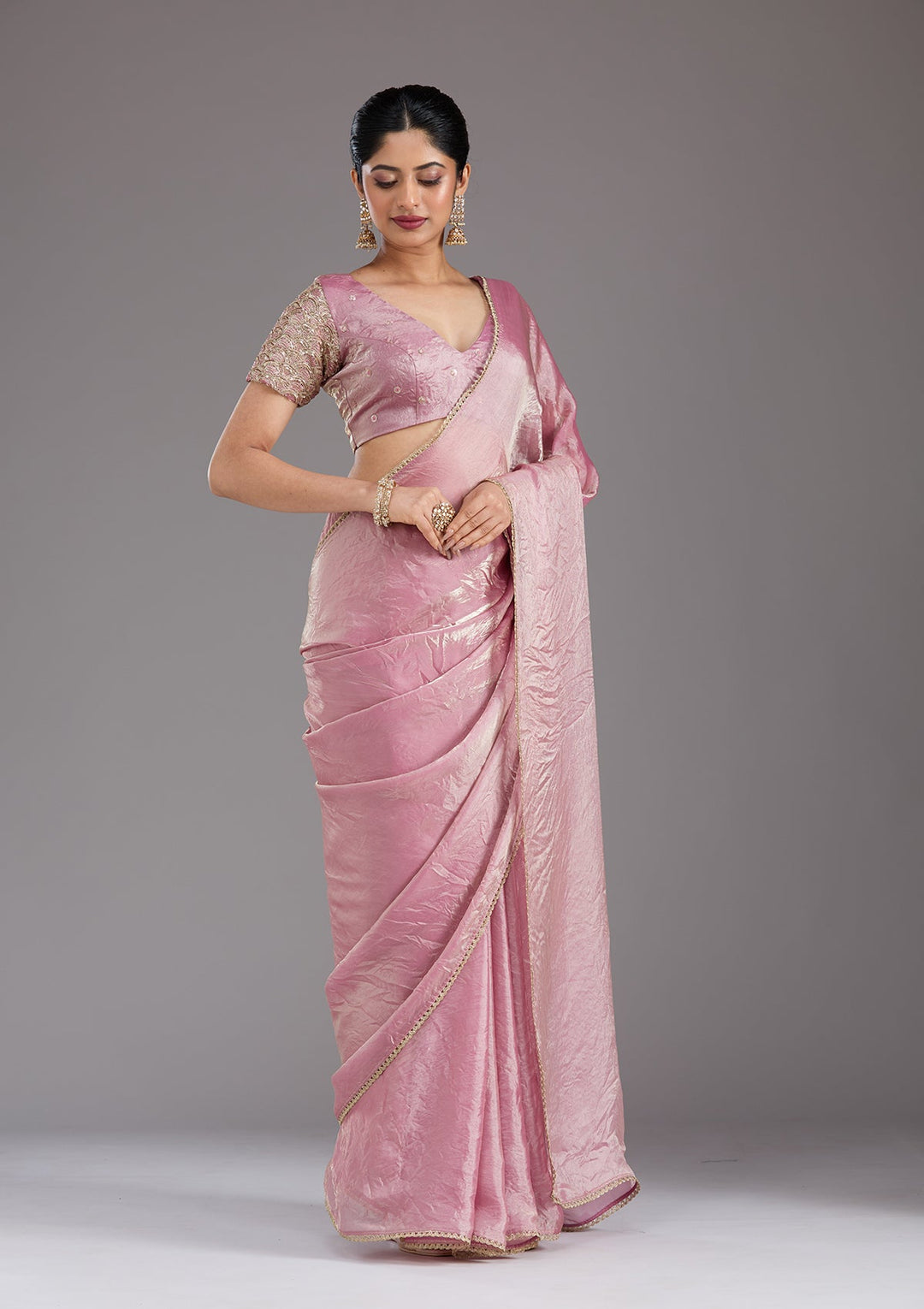 Onion Pink Sequins Organza Saree_koskii
