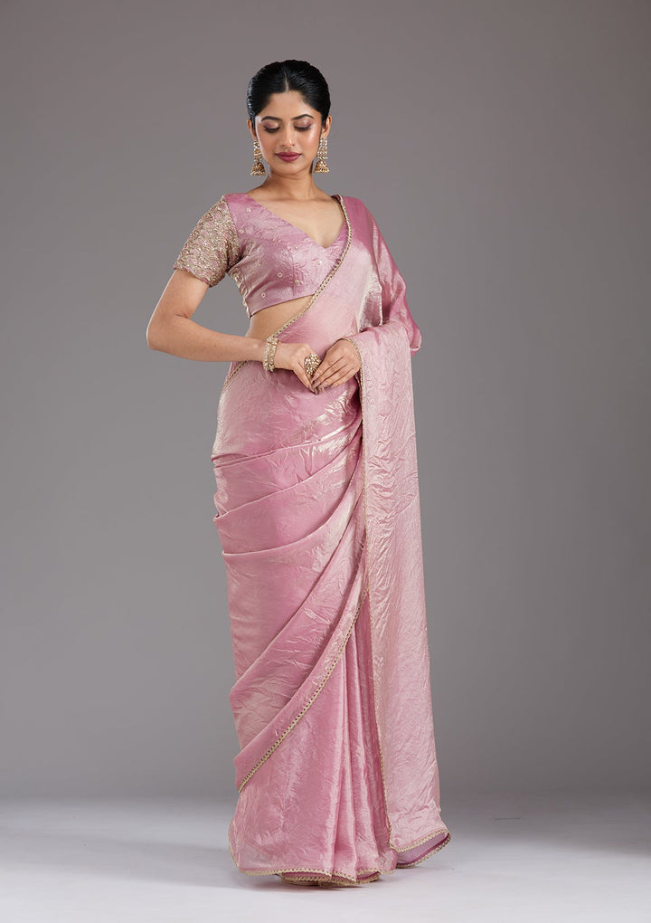 Onion Pink Sequins Organza Saree_koskii
