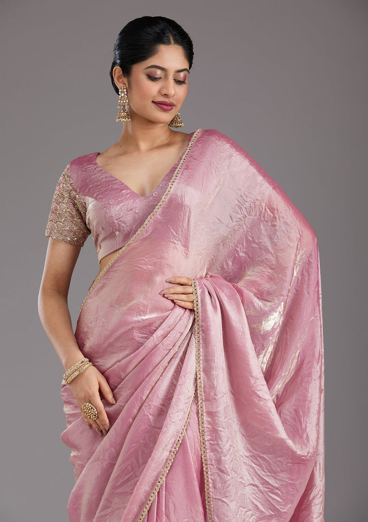 Onion Pink Sequins Organza Saree_koskii