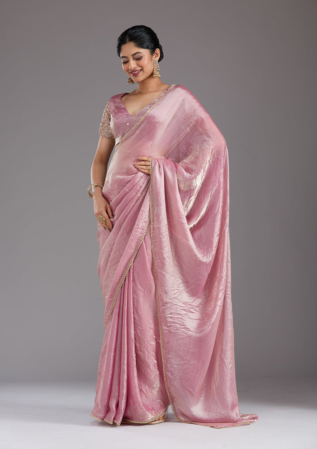 Onion Pink Sequins Organza Saree_koskii