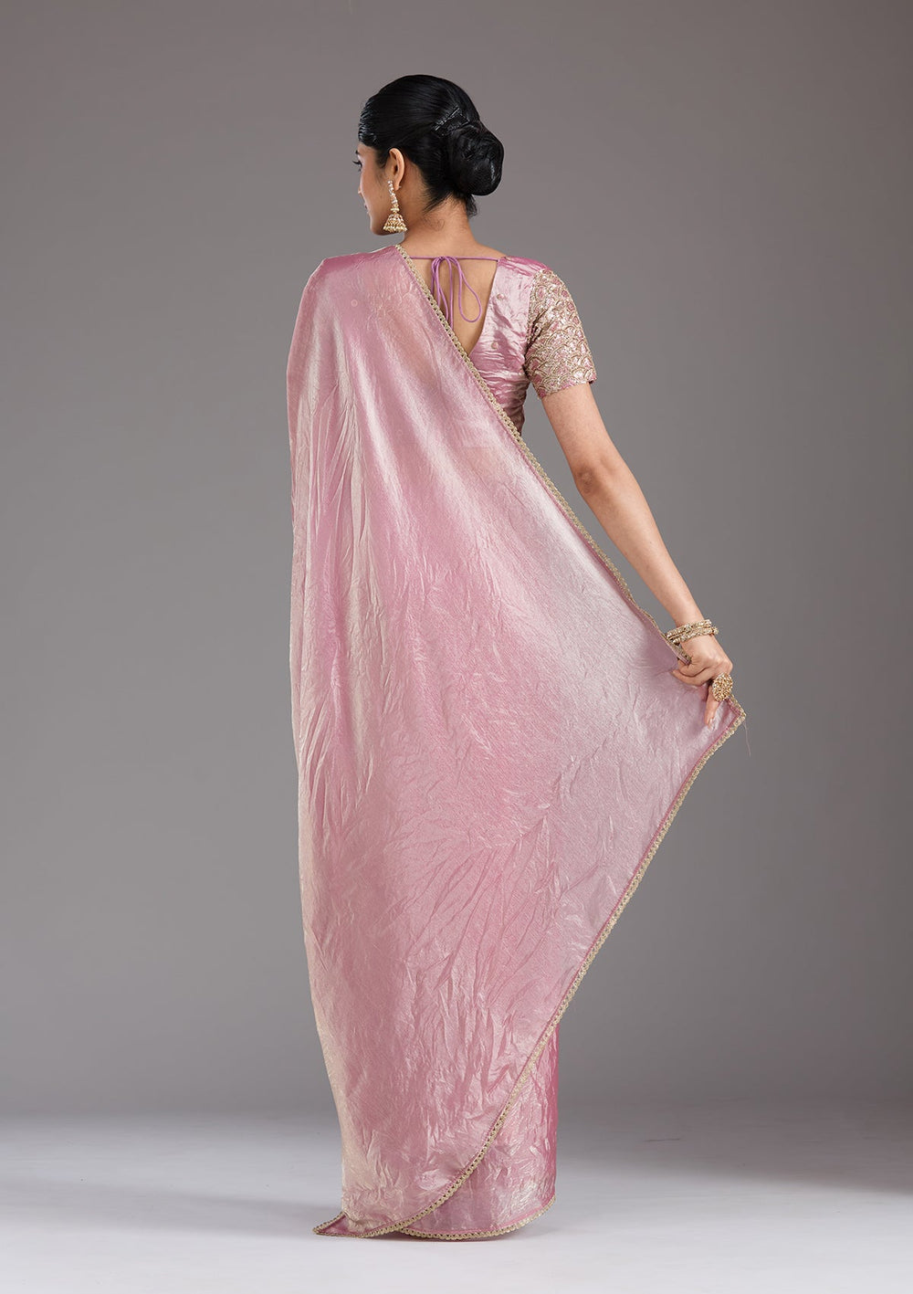 Onion Pink Sequins Organza Saree_koskii