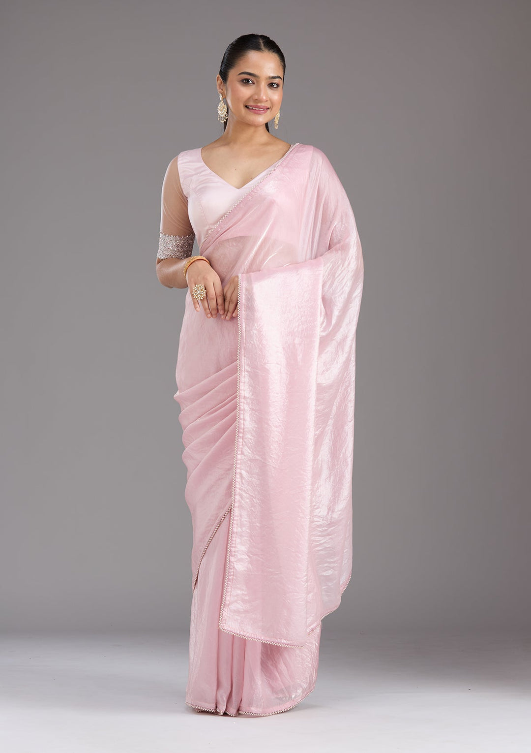 Baby Pink Pearlwork Tissue Saree_koskii