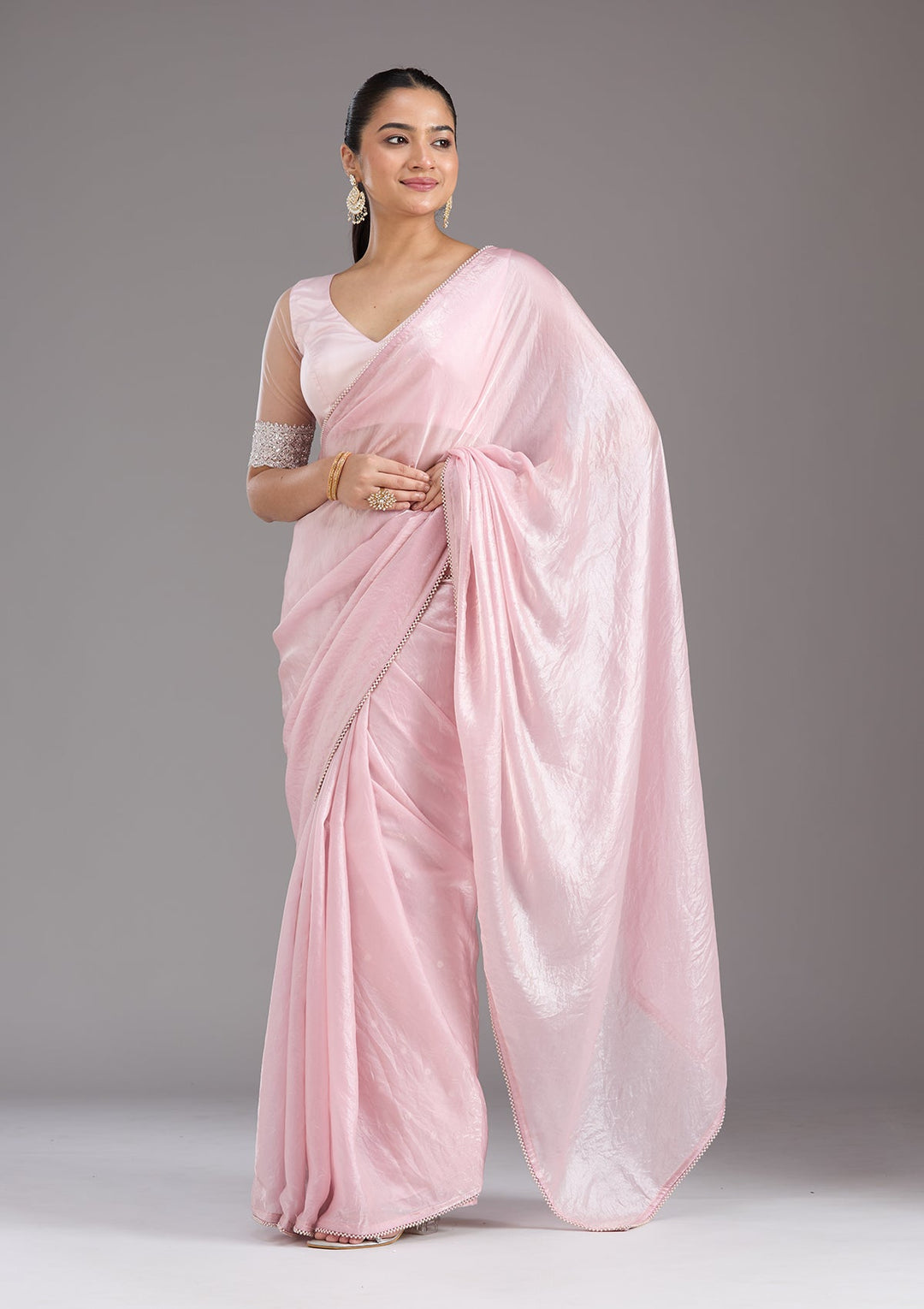Baby Pink Pearlwork Tissue Saree_koskii