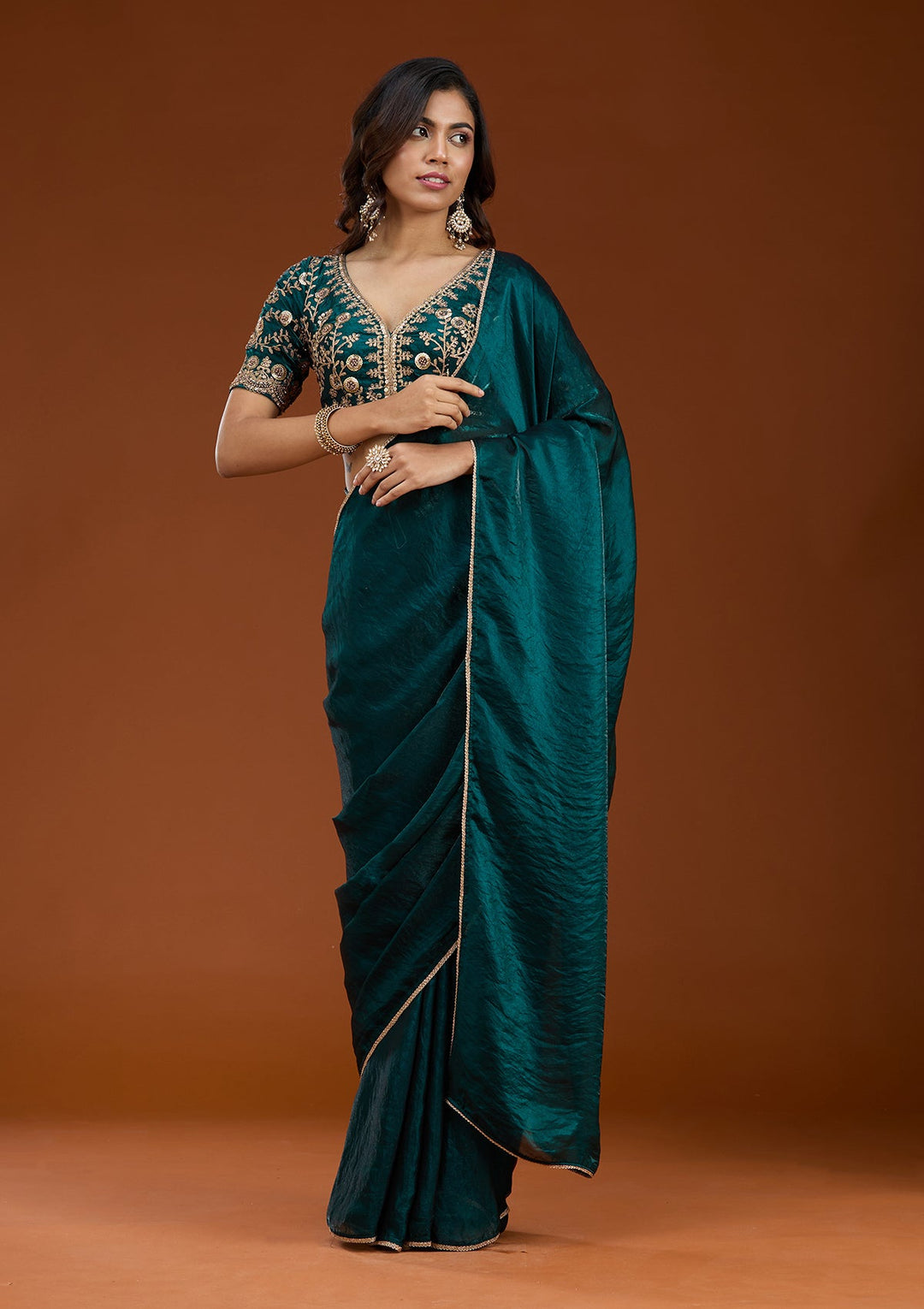 Bottle Green Sequins Tissue Saree_koskii