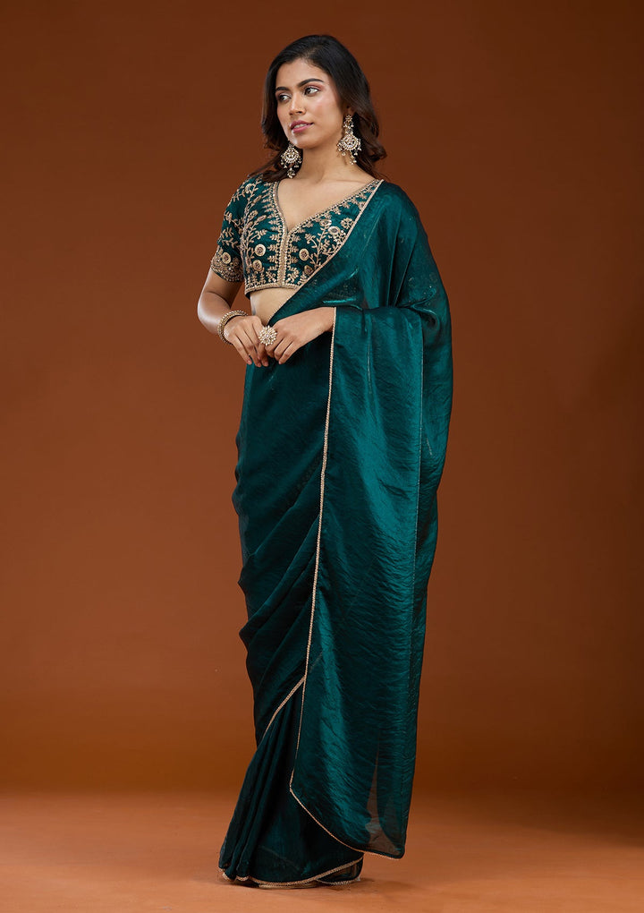 Bottle Green Sequins Tissue Saree_koskii