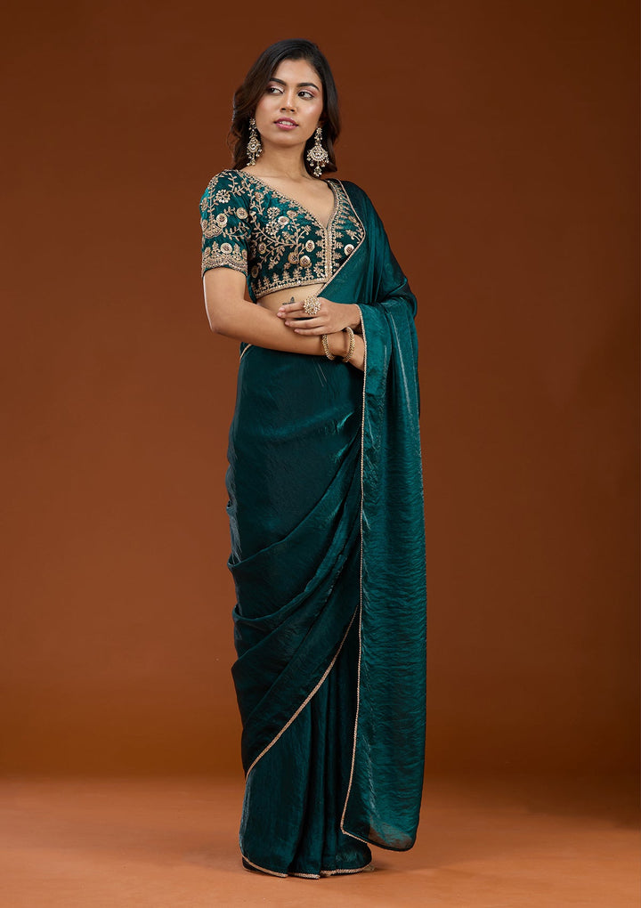 Bottle Green Sequins Tissue Saree_koskii