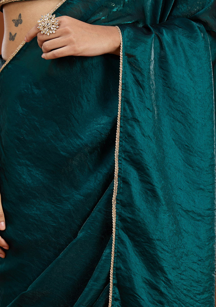 Bottle Green Sequins Tissue Saree_koskii