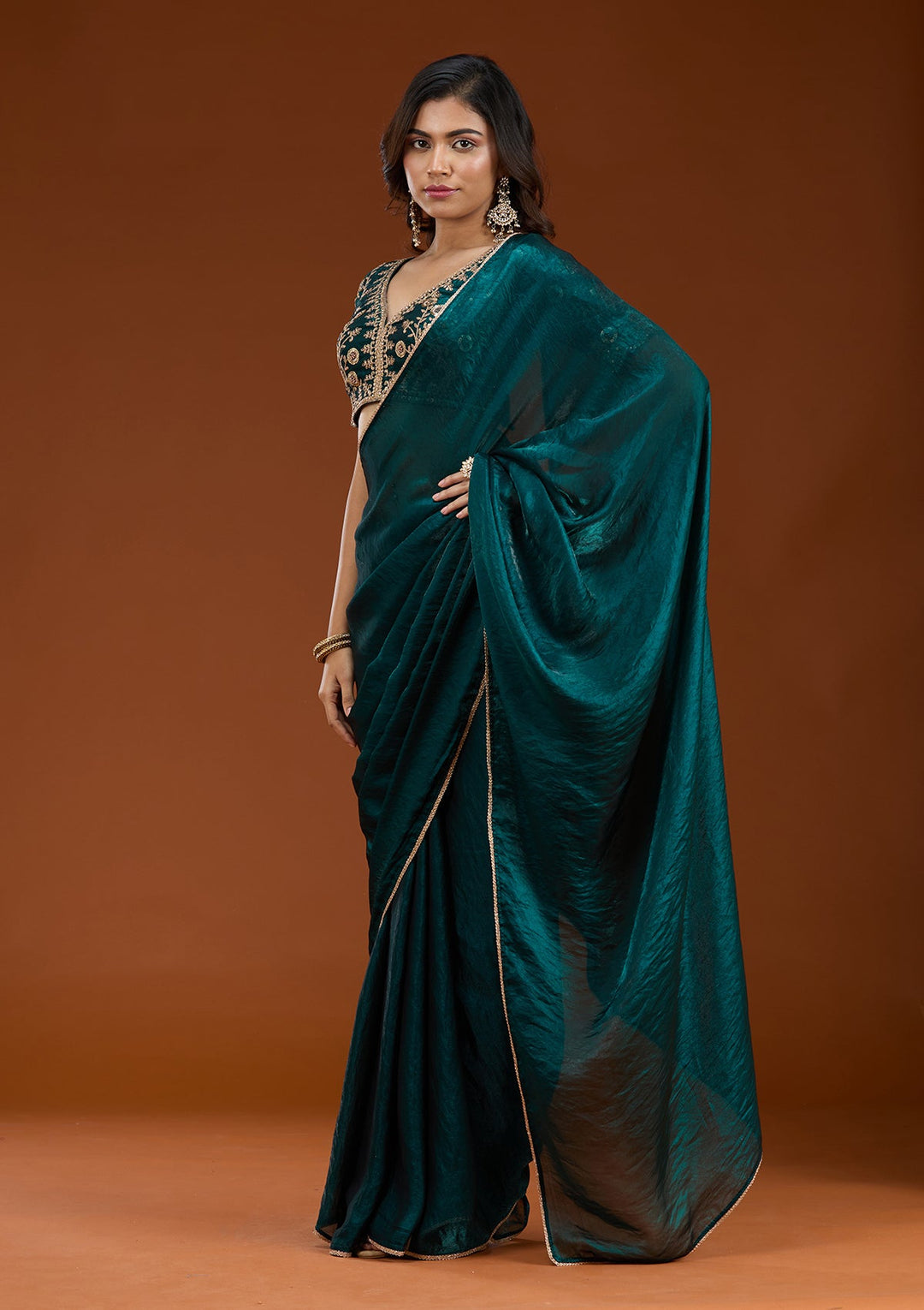 Bottle Green Sequins Tissue Saree_koskii