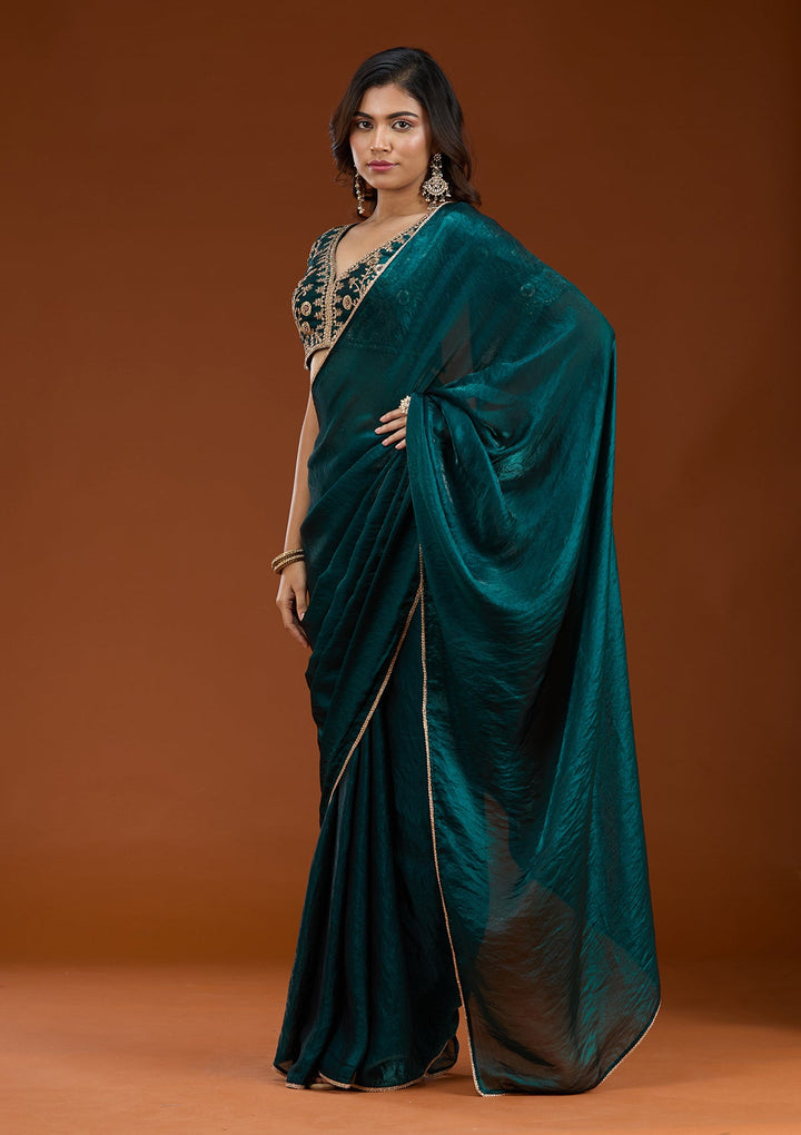 Bottle Green Sequins Tissue Saree_koskii