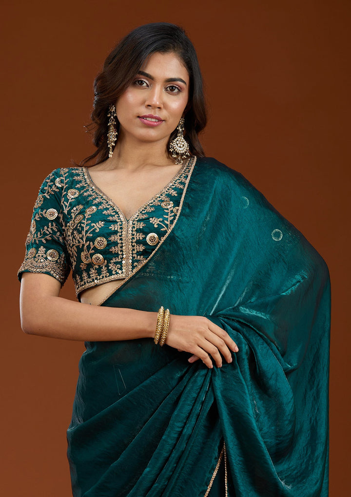 Bottle Green Sequins Tissue Saree_koskii