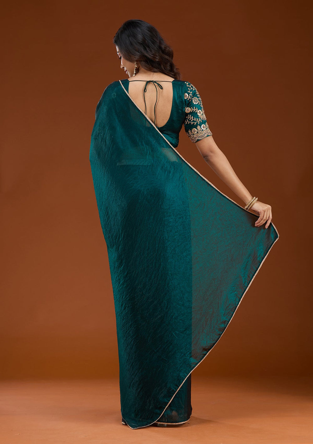 Bottle Green Sequins Tissue Saree_koskii