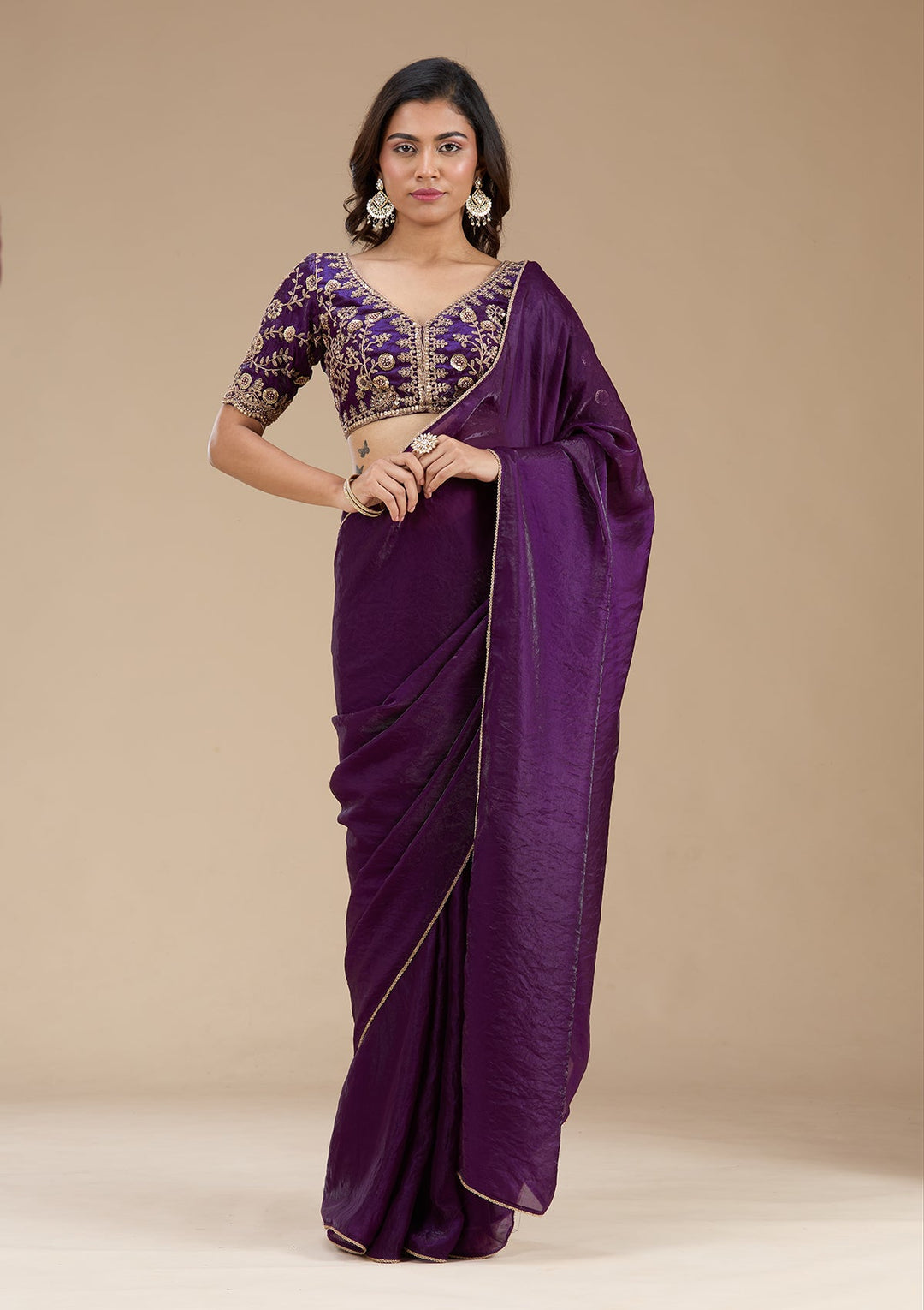 Magenta Pink Threadwork Tissue Saree_koskii