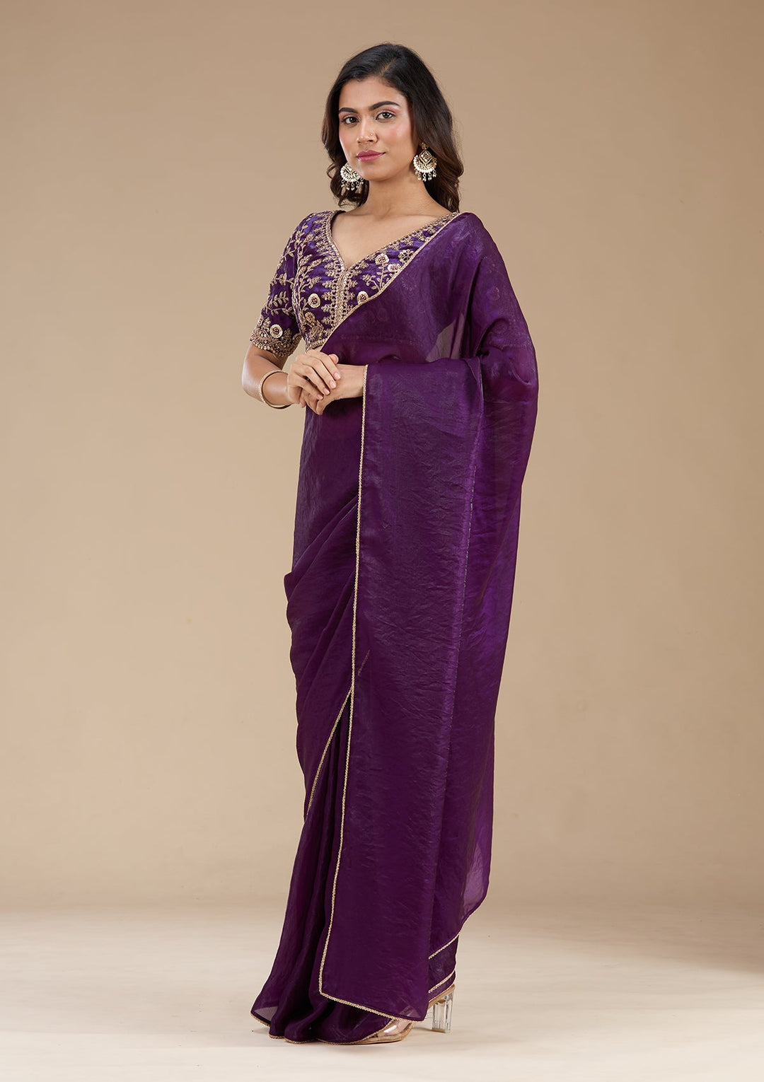 Magenta Pink Threadwork Tissue Saree_koskii