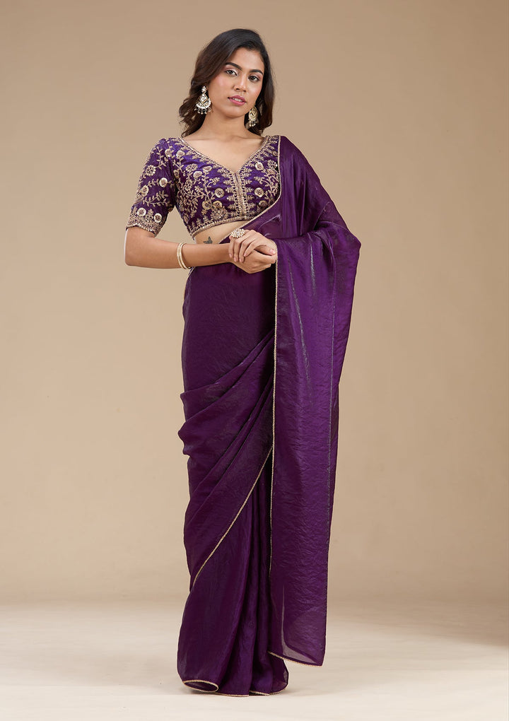 Magenta Pink Threadwork Tissue Saree_koskii