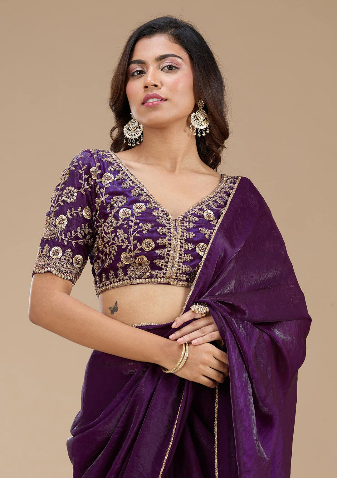 Magenta Pink Threadwork Tissue Saree_koskii