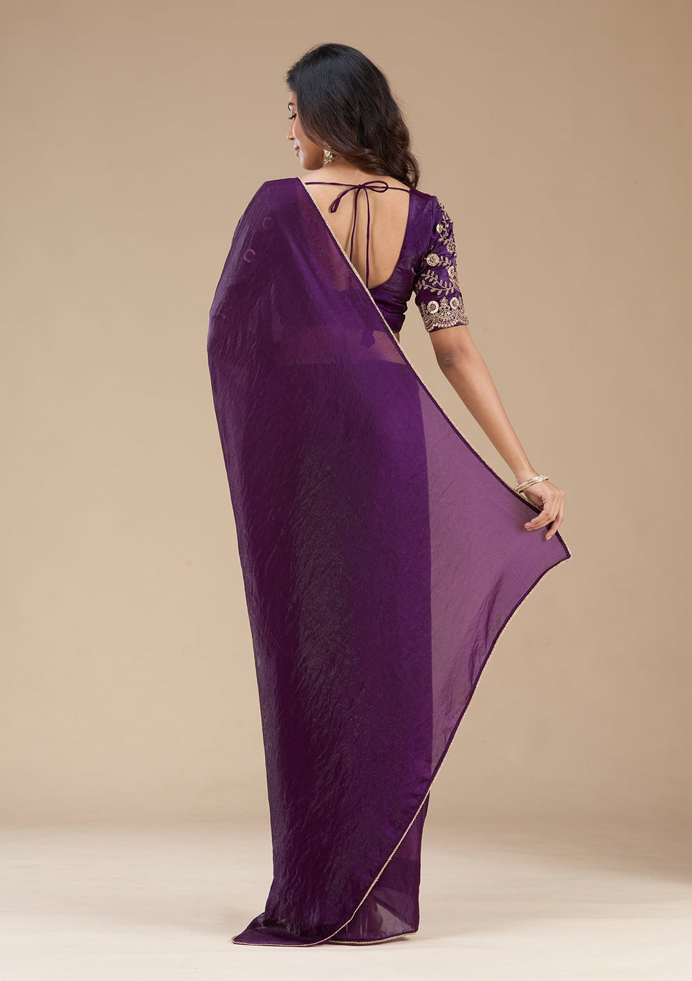 Magenta Pink Threadwork Tissue Saree_koskii