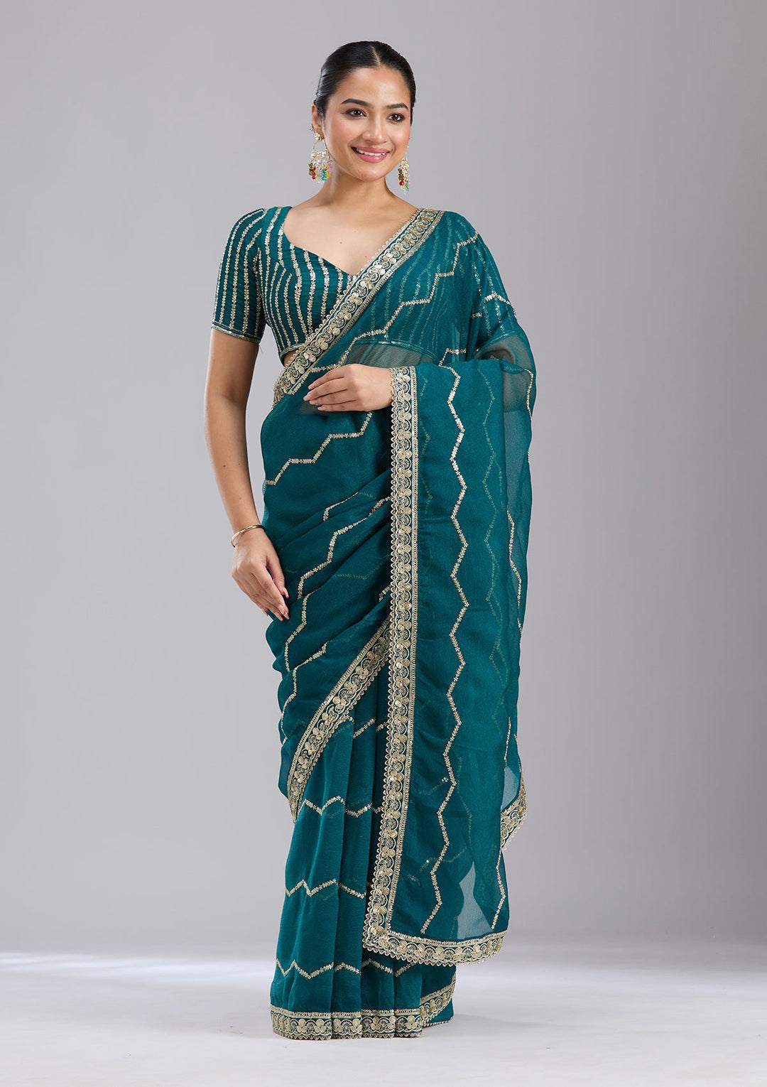 Peacock Blue Sequins Georgette Saree-koskii