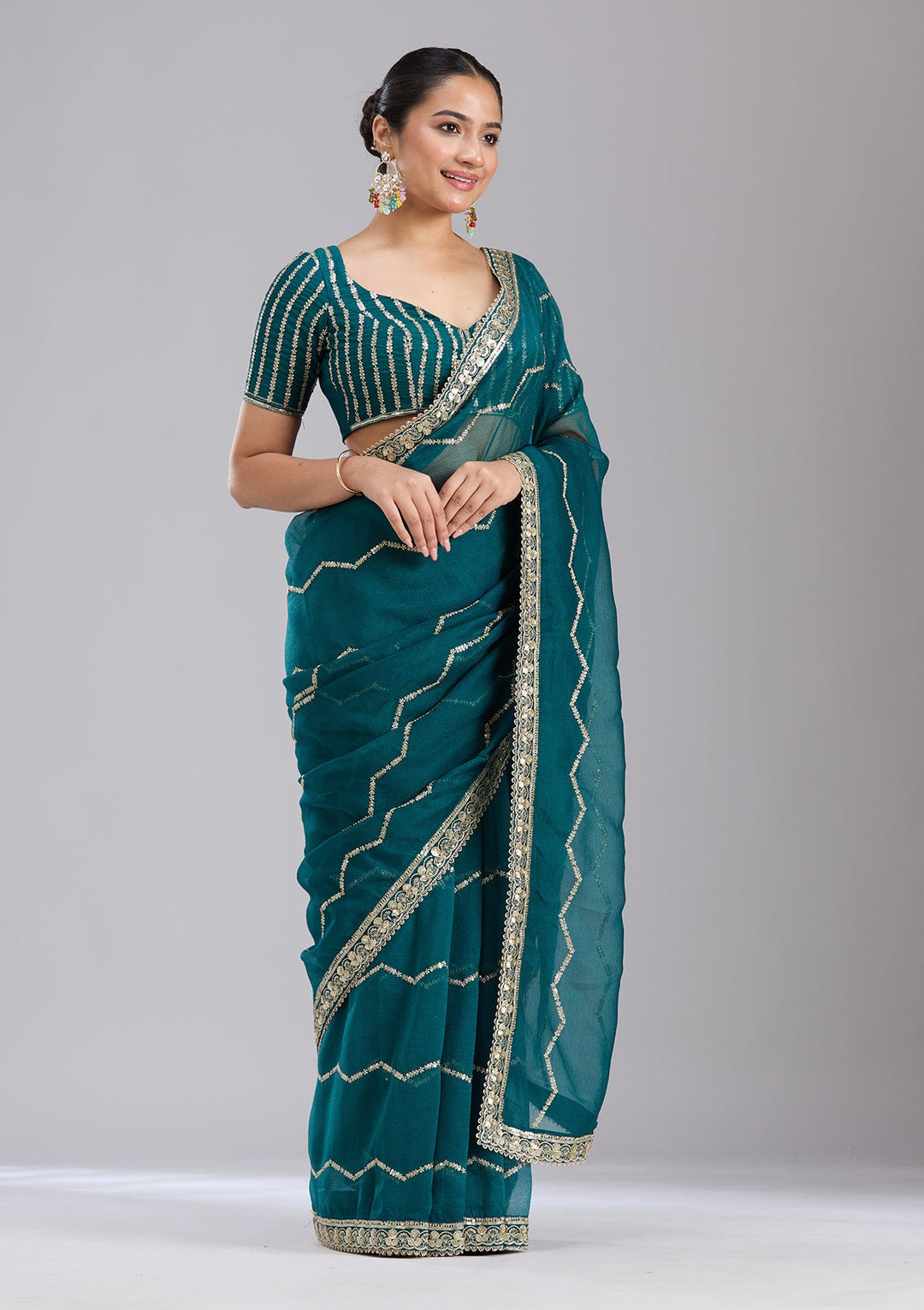 Peacock Blue Sequins Georgette Saree-koskii
