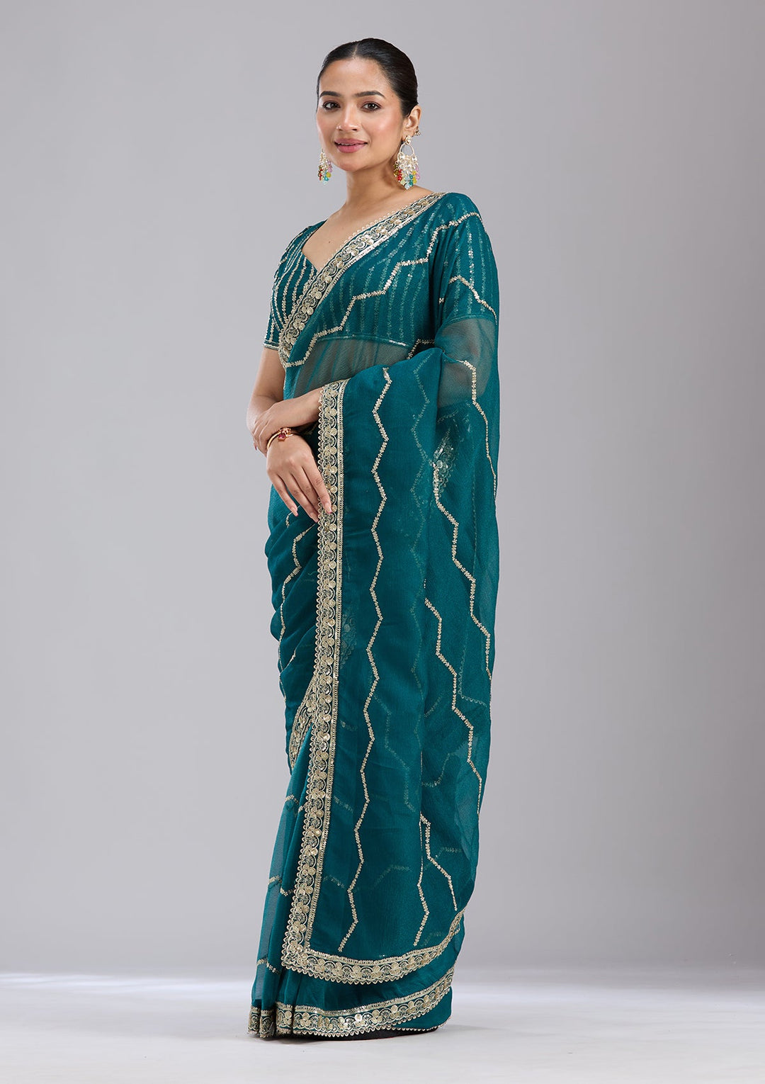 Peacock Blue Sequins Georgette Saree-koskii