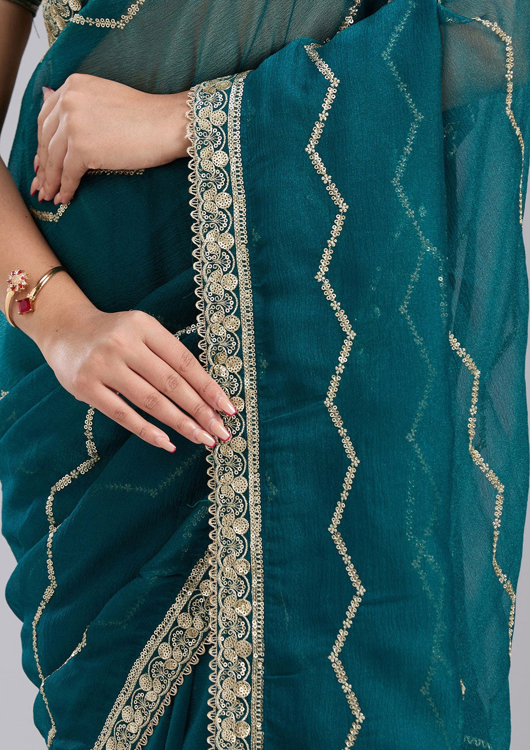 Peacock Blue Sequins Georgette Saree-koskii